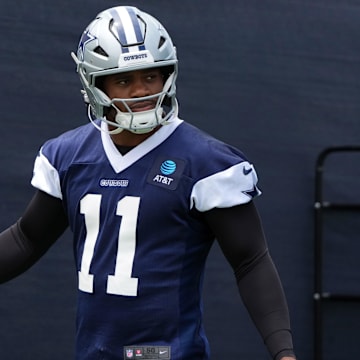 Jul 22, 2025; Oxnard, CA, USA; Dallas Cowboys defensive end Micah Parsons (11) during training camp at the River Ridge Fields. Mandatory Credit: Kirby Lee-Imagn Images