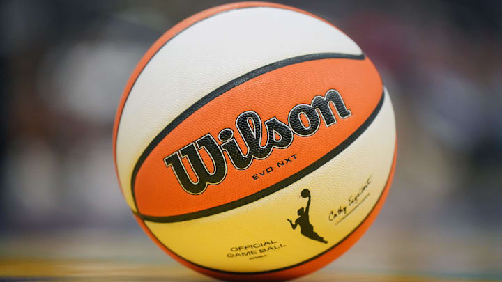 Jul 7, 2024; Los Angeles, California, USA; Detail view of a Wilson official WNBA Evo NXT basketball on the court at the Crypto.com Arena. Mandatory Credit: Kirby Lee-Imagn Images Jul 7, 2024; Los Angeles, California, USA; Detail view of a Wilson official WNBA Evo NXT basketball on the court at the Crypto.com Arena. Mandatory Credit: Kirby Lee-Imagn Images
