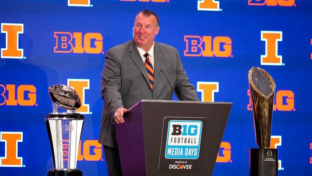 Jul 22, 2025; Las Vegas, NV, USA; Illinois head coach Bret Bielema speaks to the media during the Big Ten NCAA college football media days at Mandalay Bay Resort. Mandatory Credit: Lucas Peltier-Imagn Images