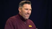 Washington Commanders general manager Adam Peters speaks during the NFL Scouting Combine at the Indiana Convention Center. 