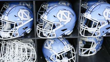 Sep 2, 2023; Charlotte, North Carolina, USA; North Carolina Tar Heels helmets during the first quarter against the South Carolina Gamecocks at Bank of America Stadium. Mandatory Credit: Jim Dedmon-Imagn Images