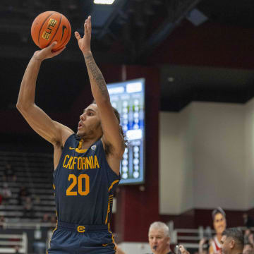 Mar 7, 2024; Stanford, California, USA; California Golden Bears guard Jaylon Tyson (20) shoots the basketball during the second half against the Stanford Cardinal at Maples Pavillion. Mandatory Credit: Neville E. Guard-USA TODAY Sports