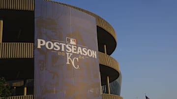 Oct 10, 2024; Kansas City, Missouri, USA; A post-season banner is seen outside of Kauffman Stadium prior to game four of the NLDS for the 2024 MLB Playoffs.