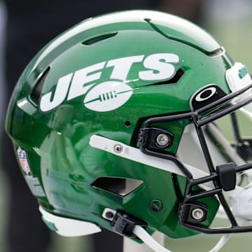 Aug 12, 2023; Charlotte, North Carolina, USA; New York Jets helmet during the second quarter against the Carolina Panthers at Bank of America Stadium. Mandatory Credit: Jim Dedmon-Imagn Images