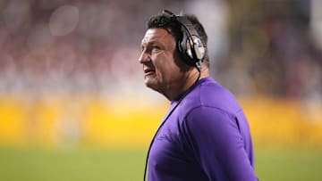 Nov 13, 2021; Baton Rouge, Louisiana, USA; LSU Tigers head coach Ed Orgeron reacts in the first half against the Arkansas Razorbacks at Tiger Stadium. Mandatory Credit: Kirby Lee-Imagn Images