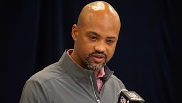 Feb 25, 2025; Indianapolis, IN, USA; Atlanta Falcons general manager Terry Fontenot speaks during the NFL Scouting Combine at the Indiana Convention Center.