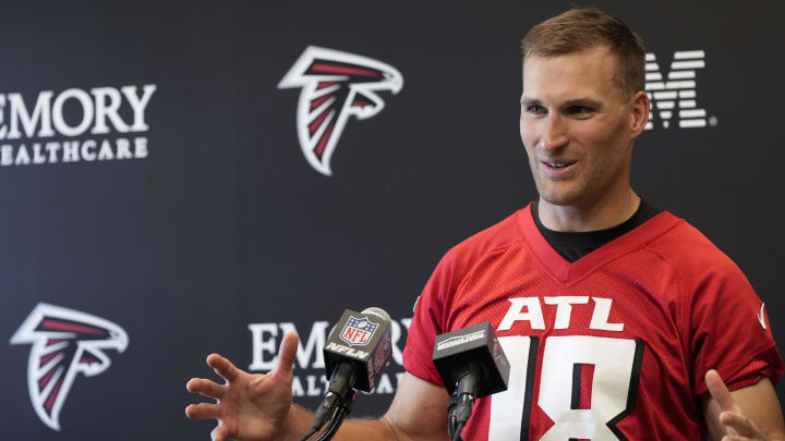 Jun 3, 2024; Atlanta, GA, USA; Atlanta Falcons quarterback Kirk Cousins (18) is interviewed after Falcons OTA at the Falcons Training facility. Mandatory Credit: Dale Zanine-USA TODAY Sports