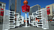 Apr 7, 2024; Cleveland, OH, USA: The 2024 NCAA Tournament Women's March Madness basketball tournament playoff bracket at Public Square.  Mandatory Credit: Kirby Lee-Imagn Images