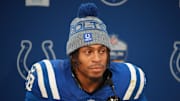 Nov 9, 2025; Berlin, Germany; Indianapolis Colts running back Jonathan Taylor (28) is interviewed after playing against the Atlanta Falcons during the NFL Berlin Game at Olympic Stadium. Mandatory Credit: Kirby Lee-Imagn Images