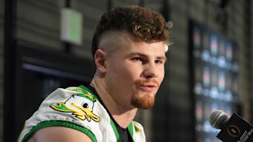 Dec 30, 2024; Los Angeles, CA, USA; Oregon Ducks linebacker Bryce Boettcher (28) during Rose Bowl media day at Sheraton Grand LA. Mandatory Credit: Kirby Lee-Imagn Images