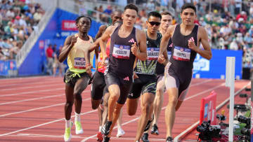 Jun 30, 2024; Eugene, OR, USA; Bryce Hoppel and Hobbs Kessler place first and second in the 800m in a meet record 1:42.77 and 1:43.64 during the US Olympic Team Trials at Hayward Field. Mandatory Credit: Kirby Lee-USA TODAY Sports