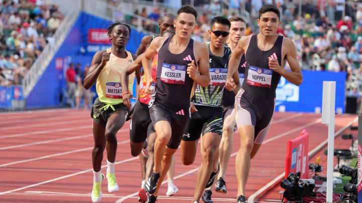 Jun 30, 2024; Eugene, OR, USA; Bryce Hoppel and Hobbs Kessler place first and second in the 800m in a meet record 1:42.77 and 1:43.64 during the US Olympic Team Trials at Hayward Field. Mandatory Credit: Kirby Lee-USA TODAY Sports