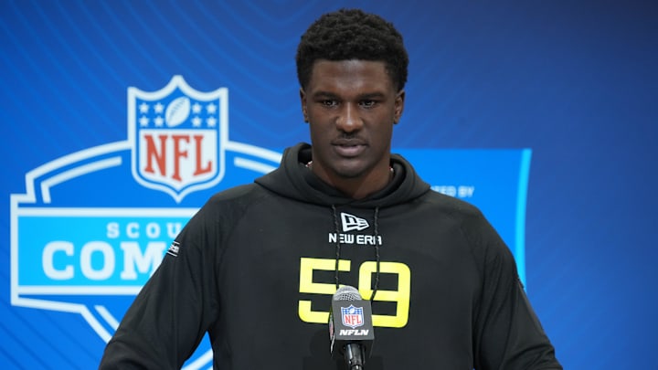 Feb 26, 2025; Indianapolis, IN, USA; Tennessee defensive lineman James Pearce (DL59) during the 2025 NFL Scouting Combine at the Indiana Convention Center. Mandatory Credit: Kirby Lee-Imagn Images Feb 26, 2025; Indianapolis, IN, USA; Tennessee defensive lineman James Pearce (DL59) during the 2025 NFL Scouting Combine at the Indiana Convention Center. Mandatory Credit: Kirby Lee-Imagn Images