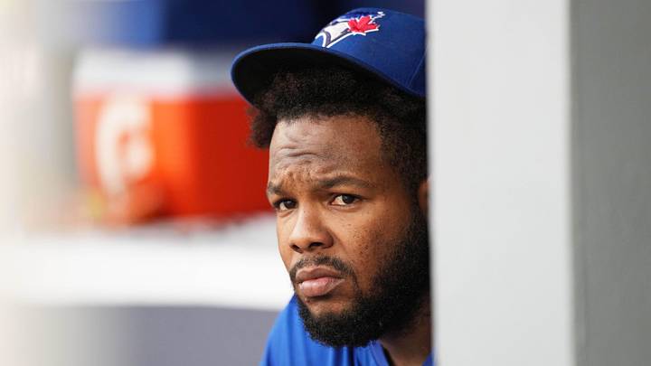 Sep 29, 2024; Toronto, Ontario, CAN; Toronto Blue Jays designated hitter Vladimir Guerrero Jr. (27) sits in the dugout before the start of a game against the Miami Marlins at Rogers Centre. Mandatory Credit: Nick Turchiaro-Imagn Images
