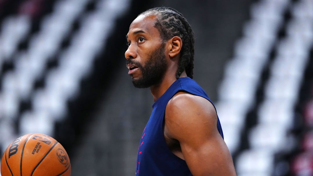 May 3, 2025; Denver, Colorado, USA; LA Clippers forward Kawhi Leonard (2) warms up before the game against the Denver Nuggets during game seven of first round for the 2025 NBA Playoffs at Ball Arena. Mandatory Credit: Ron Chenoy-Imagn Images