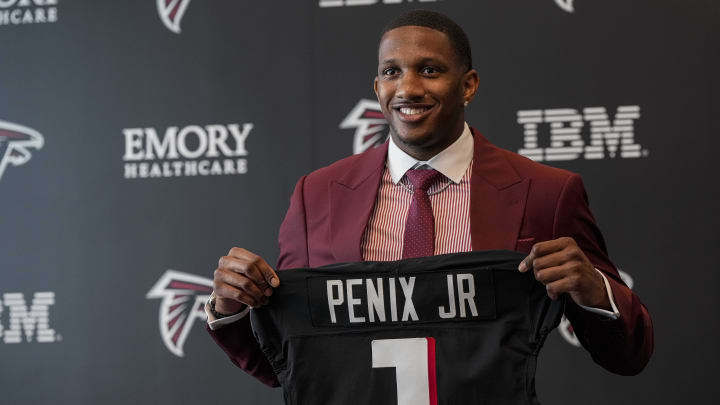 Atlanta Falcons first-round draft pick quarterback Michael Penix Jr. was introduced to the media on Friday.