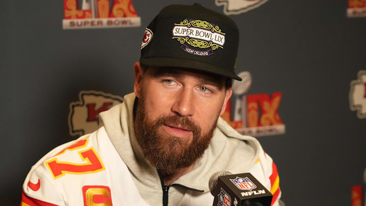 Feb 5, 2025; New Orleans, LA, USA; Kansas City Chiefs tight end Travis Kelce (87) in a press conference ahead of Super Bowl LIX at New Orleans Marriott. Mandatory Credit: Kirby Lee-Imagn Images