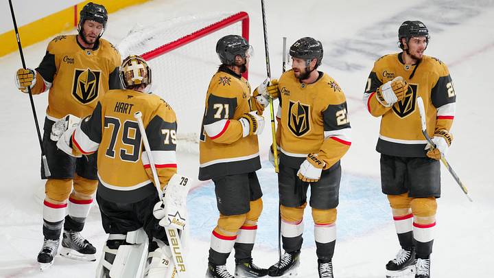 May 24, 2026; Las Vegas, Nevada, USA; Vegas Golden Knights celebrate the win against Colorado Avalanche in game three of the Western Conference Final of the 2026 Stanley Cup Playoffs at T-Mobile Arena. Mandatory Credit: Stephen R. Sylvanie-Imagn Images