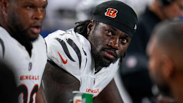 Cincinnati Bengals defensive end Shemar Stewart (97) sits between drives in the first quarter of the NFL Week 7 game between the Cincinnati Bengals and the Pittsburgh Steelers at Paycor Stadium in downtown Cincinnati on Thursday, Oct. 16, 2025.
