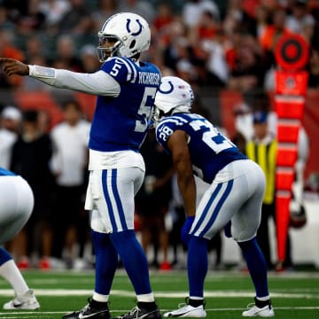 Indianapolis Colts quarterback Anthony Richardson (5) prepares to snap the ball in the first quarter of the NFL preseason game between the Cincinnati Bengals and the Indianapolis Colts at Paycor Stadium.