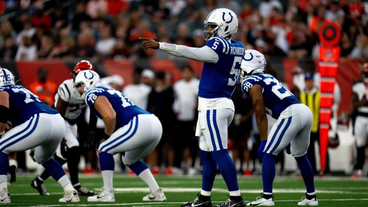 Indianapolis Colts quarterback Anthony Richardson (5) prepares to snap the ball in the first quarter of the NFL preseason game between the Cincinnati Bengals and the Indianapolis Colts at Paycor Stadium.