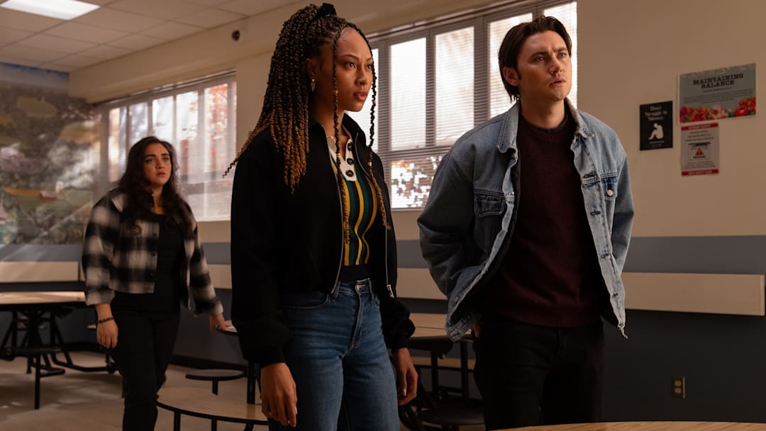 L-R: Kiara Pichardo as Nicole Herrera, Rainbow Wedell as Claire Zomer, and Spencer Macpherson as Xavier Baxter in School Spirits season 3