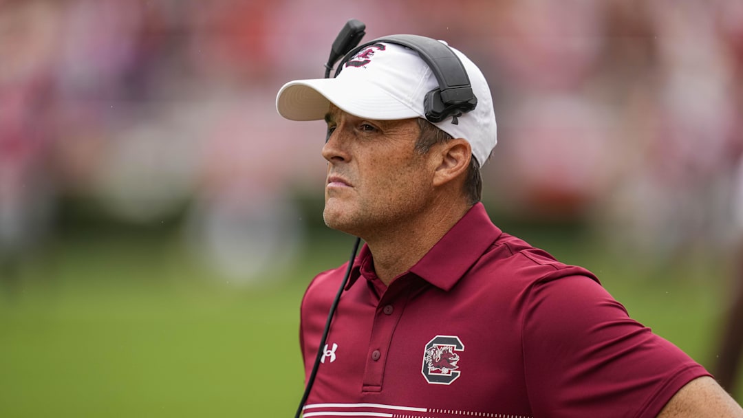 Sep 16, 2023; Athens, Georgia, USA; South Carolina Gamecocks head coach Shane Beamer shown during the game against the Georgia Bulldogs during the first half at Sanford Stadium. Mandatory Credit: Dale Zanine-Imagn Images