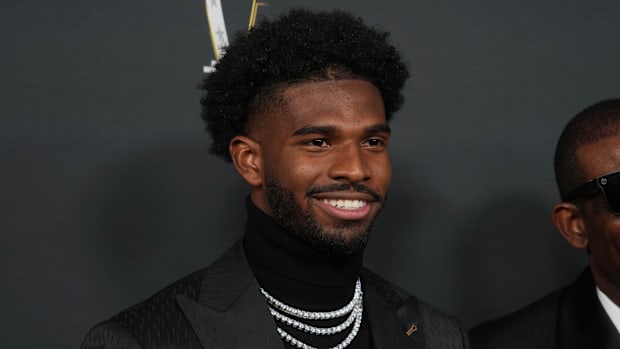 Feb 6, 2025; New Orleans, LA, USA;  Shedeur Sanders on the red carpet before Super Bowl LIX NFL Honors at Saenger Theatre. Ma