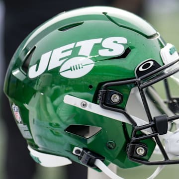 Aug 12, 2023; Charlotte, North Carolina, USA; New York Jets helmet during the second quarter against the Carolina Panthers at Bank of America Stadium. Mandatory Credit: Jim Dedmon-Imagn Images