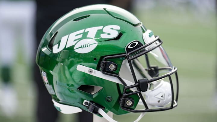 Aug 12, 2023; Charlotte, North Carolina, USA; New York Jets helmet during the second quarter against the Carolina Panthers at Bank of America Stadium. Mandatory Credit: Jim Dedmon-Imagn Images