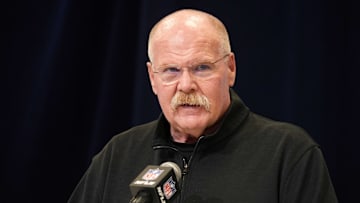 Feb 25, 2025; Indianapolis, IN, USA; Kansas City Chiefs oach Andy Reid speaks during the NFL Scouting Combine at the Indiana Convention Center. Mandatory Credit: Kirby Lee-Imagn Images