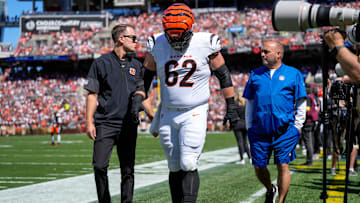 Cincinnati Bengals guard Lucas Patrick (62) heads for the locker room with an injury in the second quarter of the NFL Week 1 game between the Cleveland Browns and the Cincinnati Bengals at Huntington Bank Field in Cleveland on Sunday, Sept. 7, 2025.