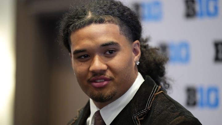 Jul 23, 2025; Las Vegas, NV, USA; Oregon defensive end Matayo Uiagalelei speaks to the media during the Big Ten NCAA college football media days at Mandalay Bay Resort. Mandatory Credit: Lucas Peltier-Imagn Images