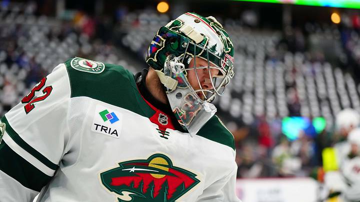 May 5, 2026; Denver, Colorado, USA; Minnesota Wild goaltender Filip Gustavsson (32) looks on during warmups before game two of the second round of the 2026 Stanely Cup Playoffs against the Colorado Avalanche at Ball Arena. Mandatory Credit: Ron Chenoy-Imagn Images