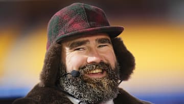 Philadelphia Eagles former player and ESPN commentator Jason Kelce reacts before in a 2025 AFC divisional round game between the Kansas City Chiefs and the Houston Texans at GEHA Field at Arrowhead Stadium. 