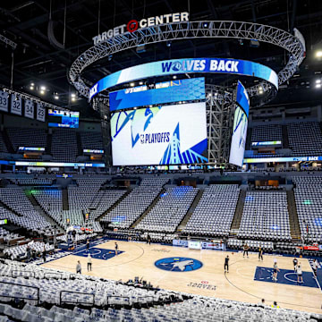 May 8, 2025; Minneapolis, Minnesota, USA; A general view Target Center before game two of the second round for the 2025 NBA Playoffs between Golden State Warriors and Minnesota Timberwolves.