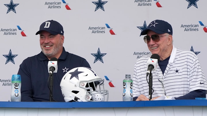 Dallas Cowboys coach Mike McCarthy and owner Jerry Jones at training camp press conference.