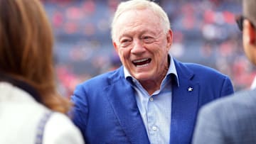 Oct 26, 2025; Denver, Colorado, USA; Dallas Cowboys owner Jerry Jones looks on before the game against the Denver Broncos at Empower Field at Mile High.