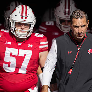 Oct 18, 2025; Madison, Wisconsin, USA;  Wisconsin Badgers head coach Luke Fickell during walks onto the field prior to the game against the Ohio State Buckeyes at Camp Randall Stadium. Mandatory Credit: Jeff Hanisch-Imagn Images