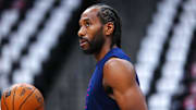 May 3, 2025; Denver, Colorado, USA; LA Clippers forward Kawhi Leonard (2) warms up before the game against the Denver Nuggets during game seven of first round for the 2025 NBA Playoffs at Ball Arena.