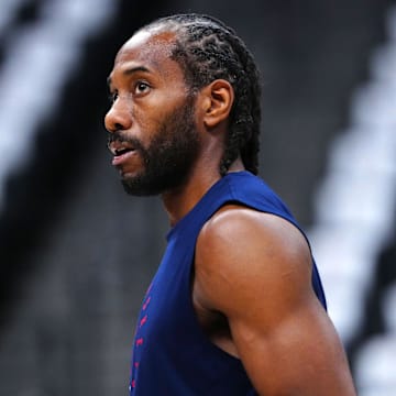 May 3, 2025; Denver, Colorado, USA; LA Clippers forward Kawhi Leonard (2) warms up before the game against the Denver Nuggets during game seven of first round for the 2025 NBA Playoffs at Ball Arena.