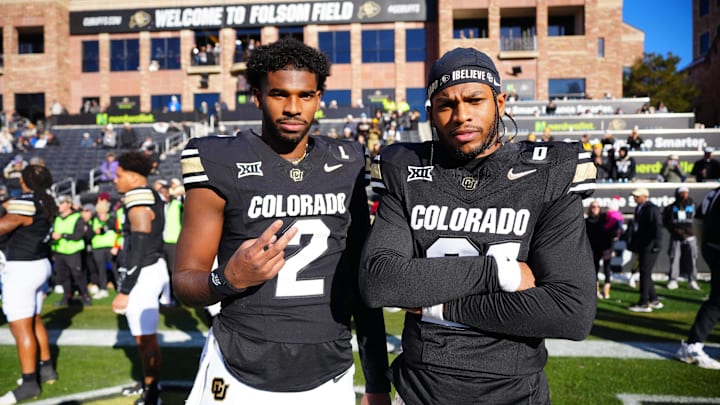Then-Colorado Buffaloes quarterback Shedeur Sanders and safety Shilo Sanders on Nov 29, 2024.