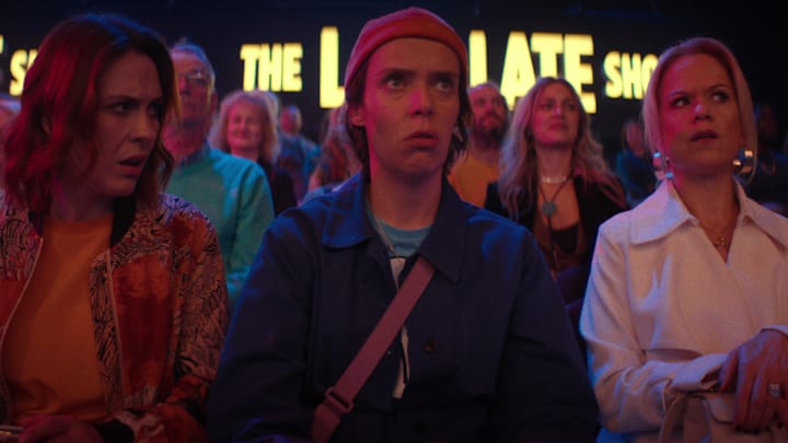 Roisin Gallagher as Saoirse Shaw, Caoilfhionn Dunne as Dara Friel, and Sinead Keenan as Robyn Winters in How to Get to Heaven from Belfast