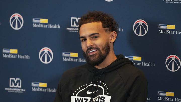 Feb 24, 2026; Atlanta, Georgia, USA; Washington Wizards guard Trae Young (3) meets with the media during his first return to play the Atlanta Hawks at State Farm Arena. Mandatory Credit: Dale Zanine-Imagn Images