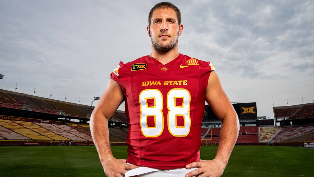 Defensive end Isaac Terrell stands for a photo during Iowa State Football media day at Jack Trice Stadium in Ames, Wednesday, August 19, 2026. Defensive end Isaac Terrell stands for a photo during Iowa State Football media day at Jack Trice Stadium in Ames, Wednesday, August 19, 2026.
