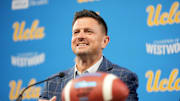 Dec 9, 2025; Los Angeles, CA, USA; Bob Chesney is introduced as UCLA Bruins football coach at press conference at Renee Luskin Conference Center Centennial Ballroom. Mandatory Credit: Kirby Lee-Imagn Images
