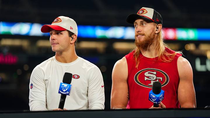 San Francisco 49ers quarterback Brock Purdy (L) and tight end George Kittle (R)