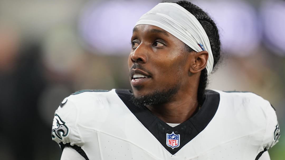 Dec 8, 2025; Inglewood, California, USA; Philadelphia Eagles cornerback Adoree' Jackson (8) looks on before teh game against the Los Angeles Chargers at SoFi Stadium.