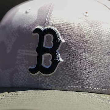 May 26, 2025; Milwaukee, Wisconsin, USA;  General view of a Boston Red Sox hat during warmups prior the game against the Milwaukee Brewers at American Family Field. Mandatory Credit: Jeff Hanisch-Imagn Images