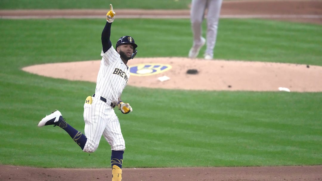 Milwaukee Brewers outfielder Jackson Chourio (11) hits a solo home run during the first inning of their wild-card playoff game against the New York Mets Wednesday, October 2, 2024 at American Family Field in Milwaukee, Wisconsin.